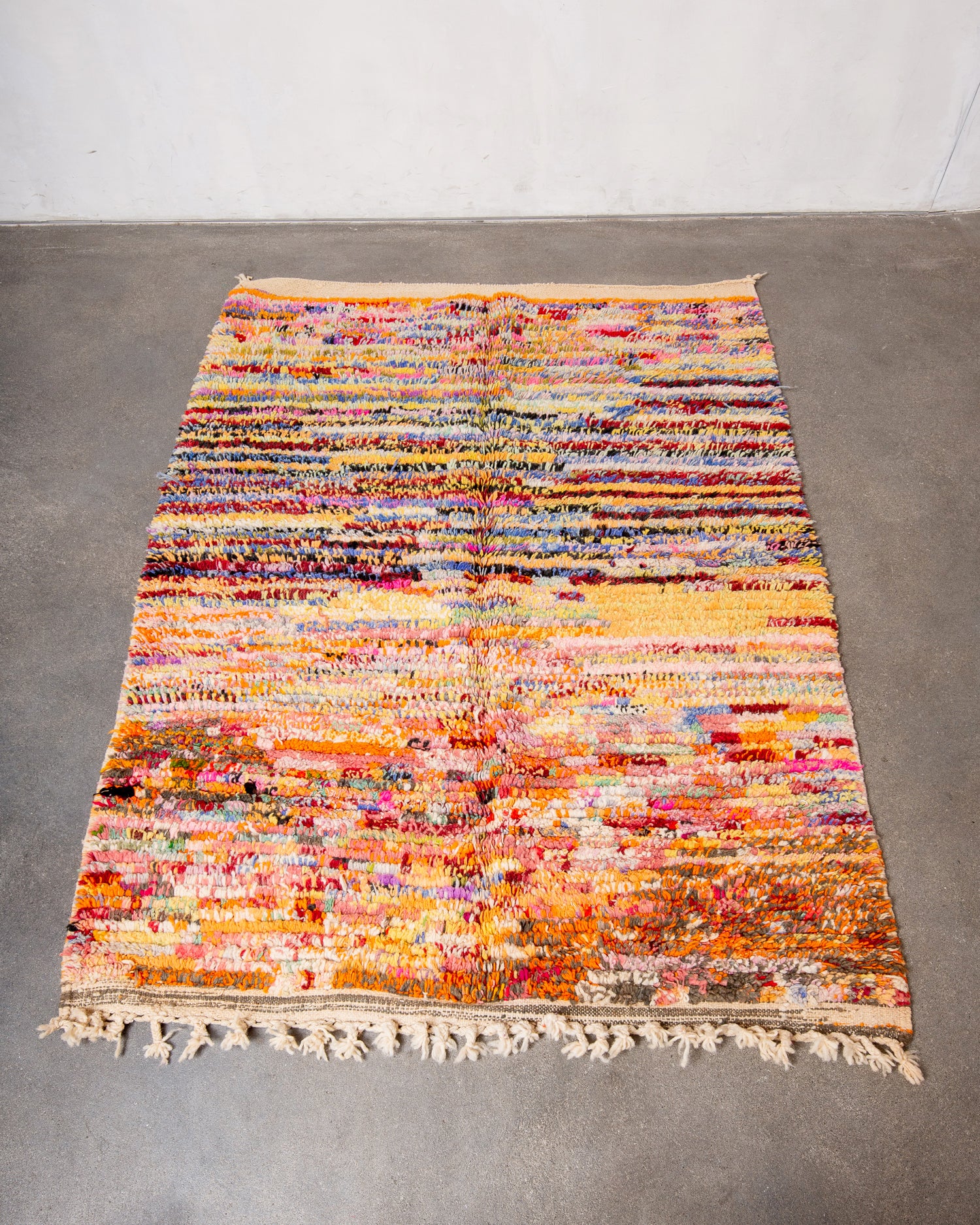 Modern, designer, handcrafted Berber rug from Morocco. Vintage carpet with beautiful colours and patterns and fluffy texture.